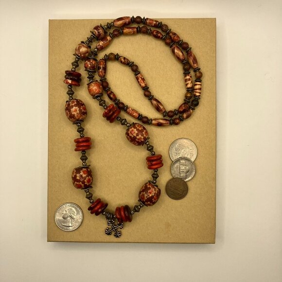 Jasper and Red Stone + Wood Beaded 31 inch Necklace Brand New - Picture 2 of 9